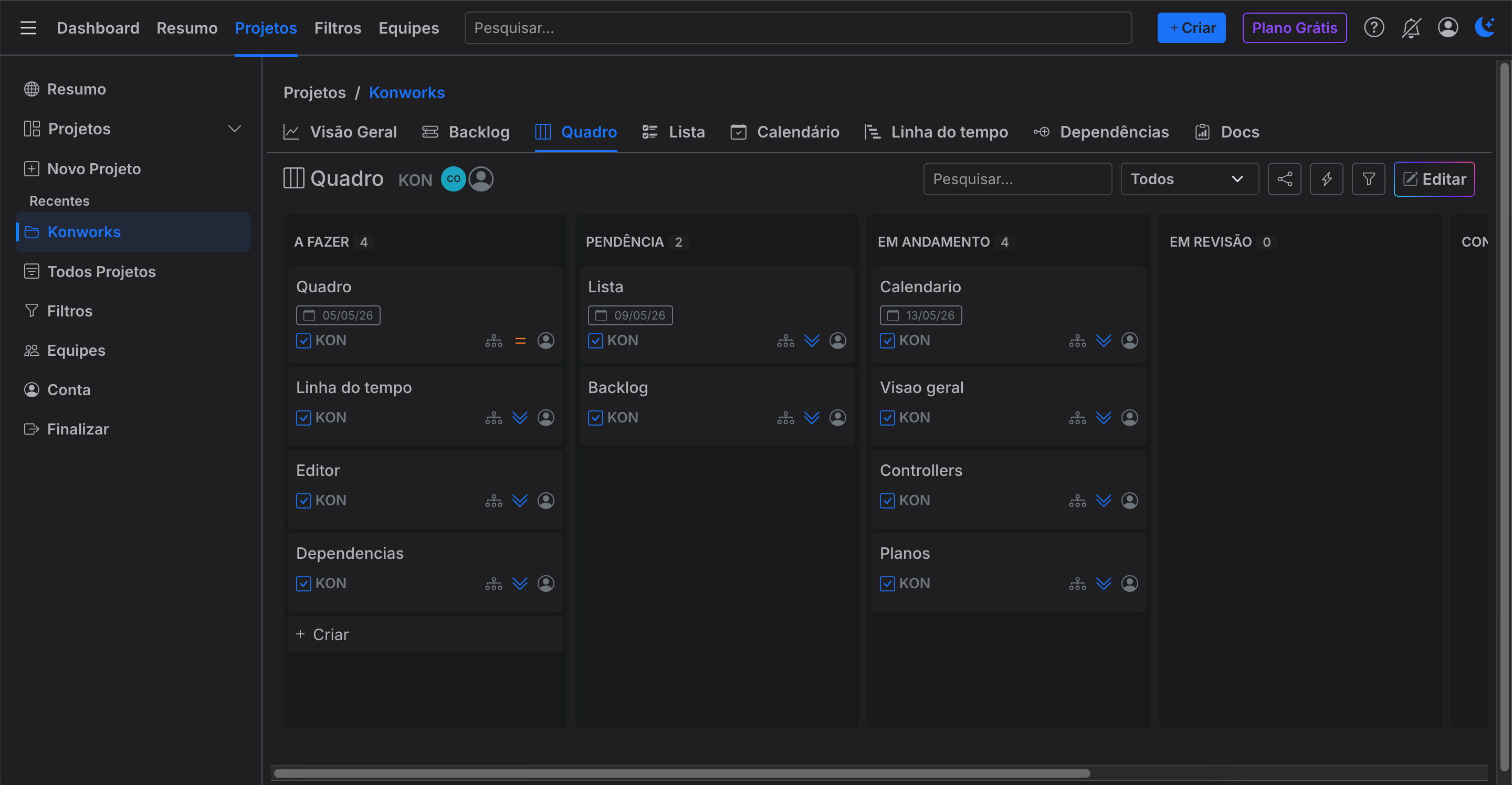 Dashboard principal do Konworks