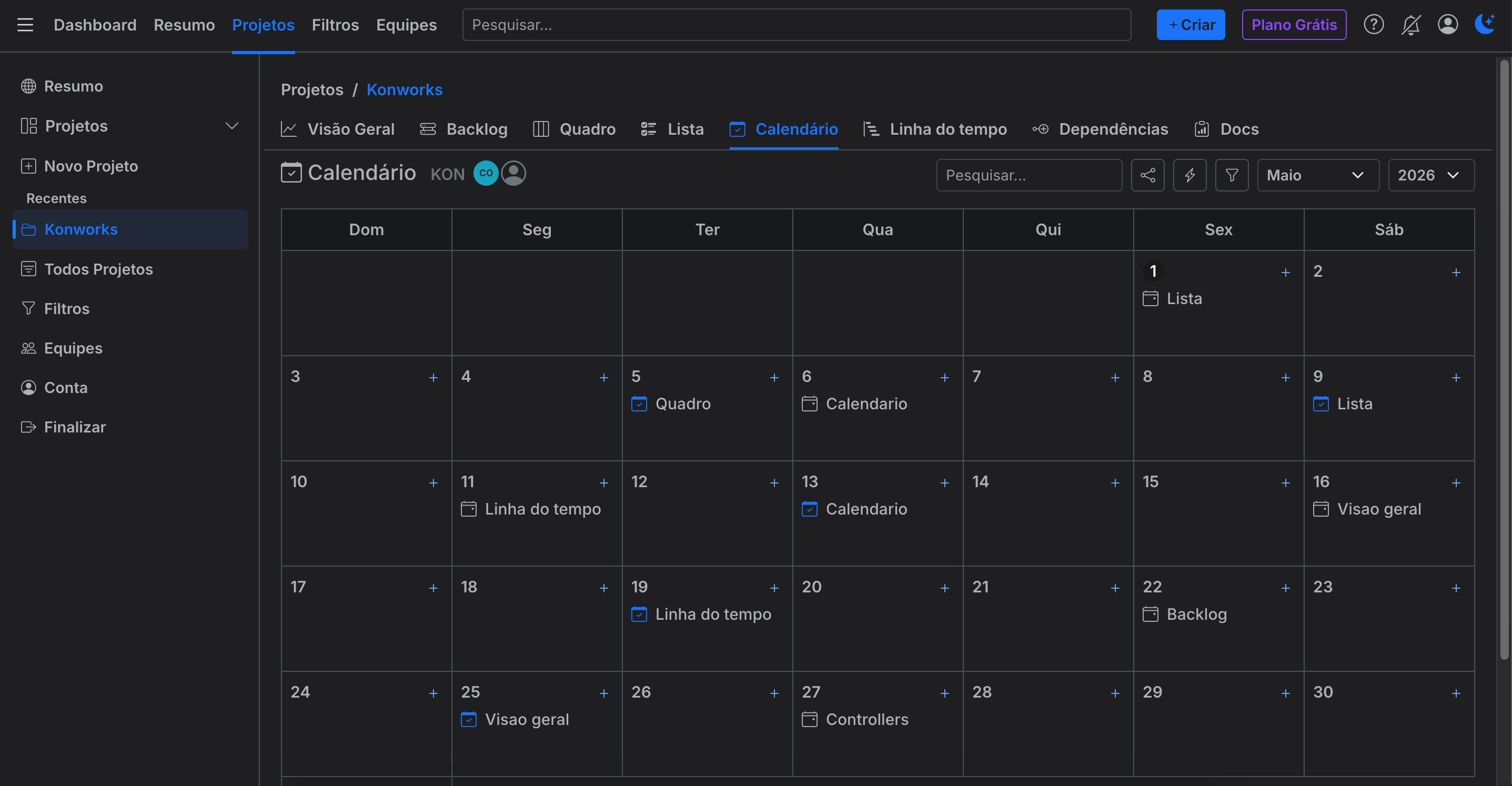 Modo Calendário - Konworks